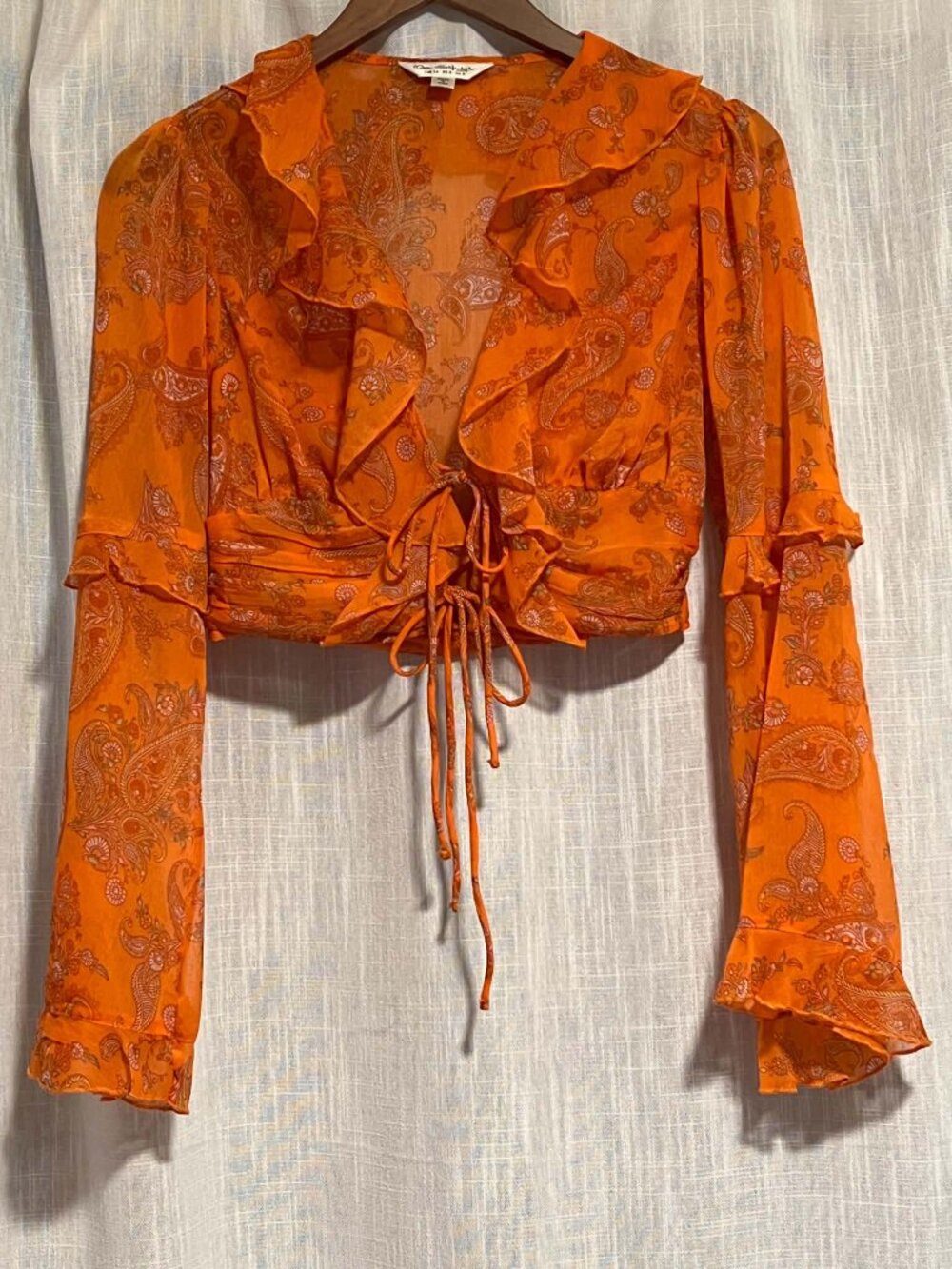 Miss Selfridge Tie Front Blouse Tiered Ruffle Orange Paisley